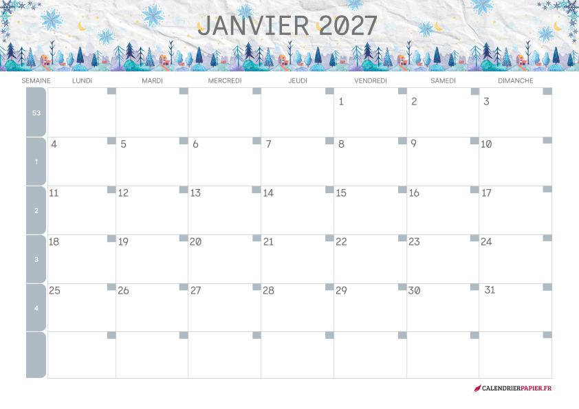 Calendrier janvier 2027 thème hiver à imprimer — forêt de sapins enneigée
