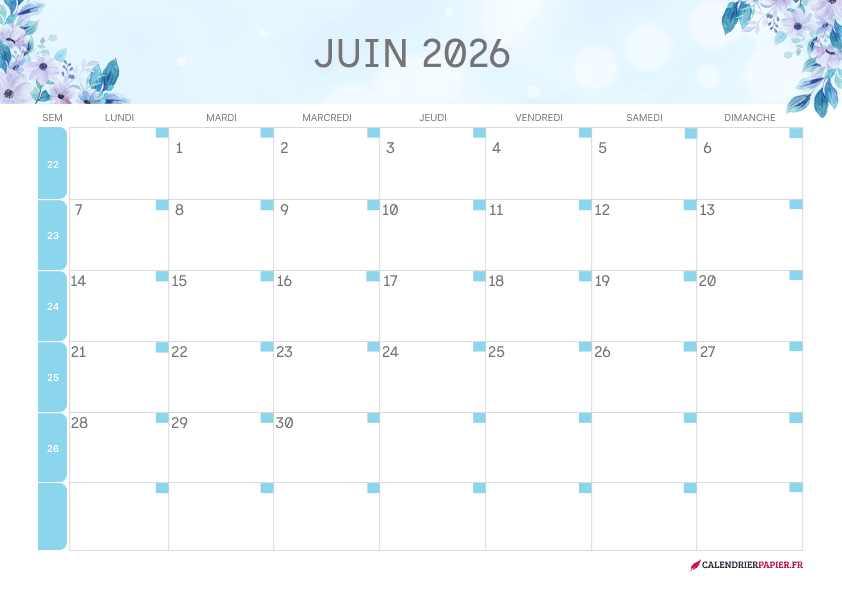 Calendrier juin 2027 thème fleurs à imprimer — fleurs bleues