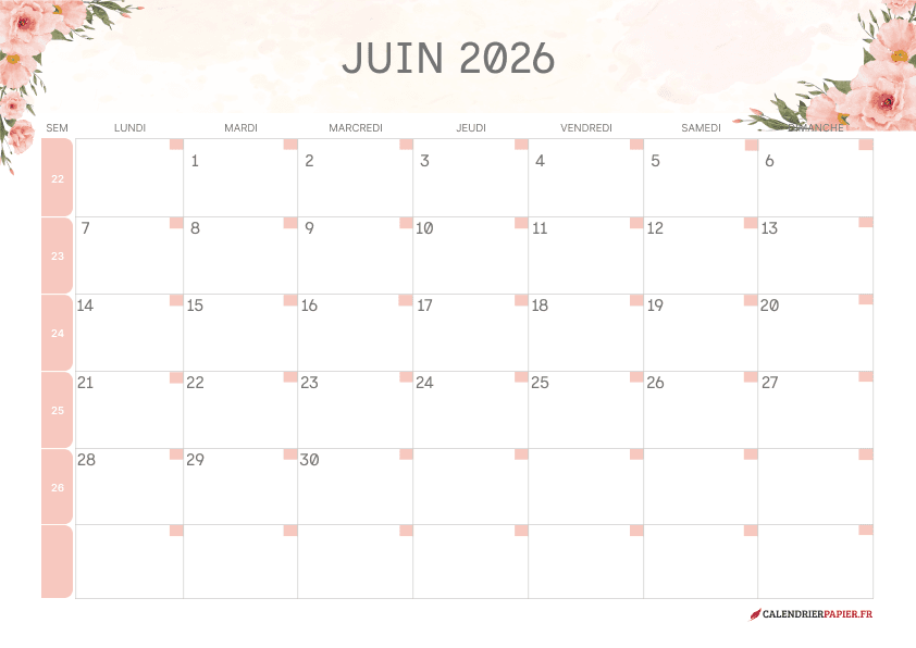 Calendrier juin 2027 thème fleurs à imprimer — fleurs roses pastel