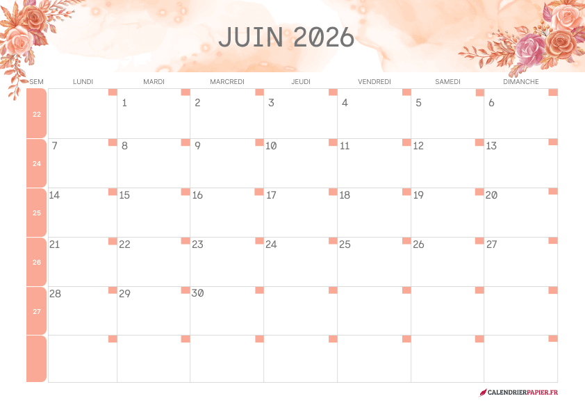 Calendrier juin 2027 thème fleurs à imprimer — roses corail