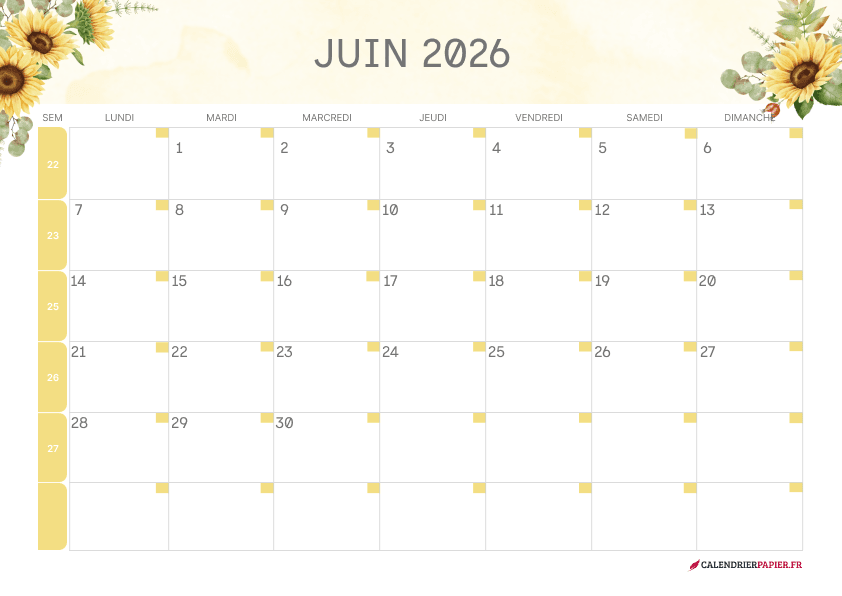 Calendrier juin 2027 thème fleurs à imprimer — tournesols d’été