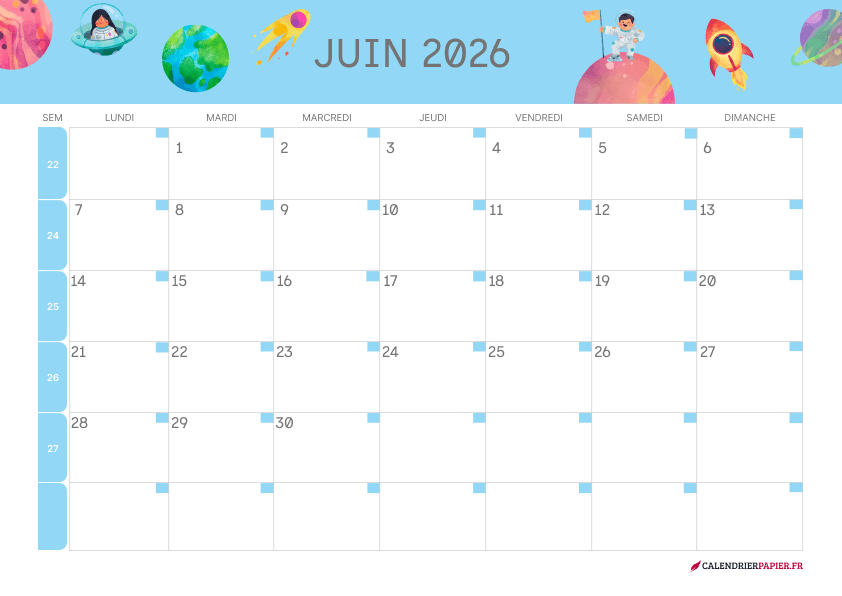 Calendrier juin 2027 thème enfant à imprimer — espace et fusées