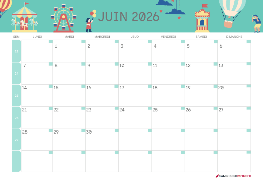 Calendrier juin 2027 thème enfant à imprimer — fête foraine