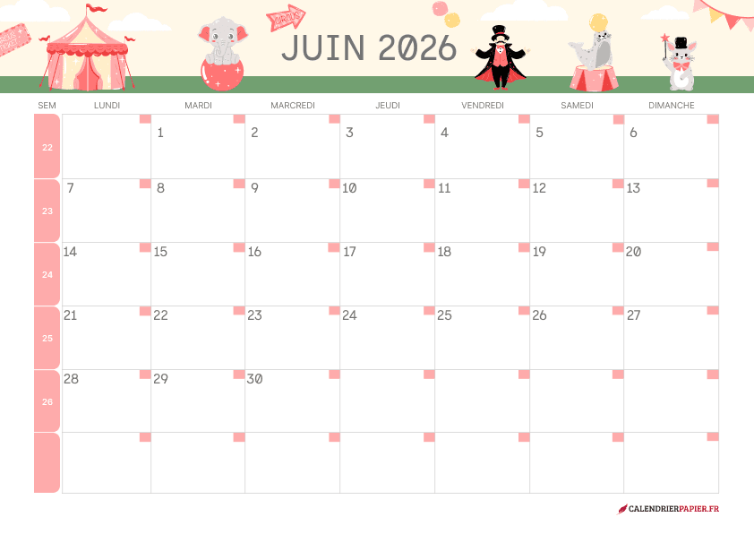 Calendrier juin 2027 thème enfant à imprimer — cirque