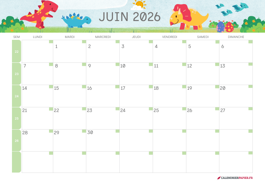 Calendrier juin 2027 thème enfant à imprimer — dinosaures
