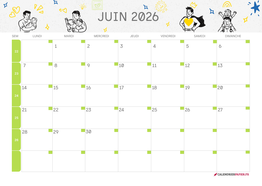 Calendrier juin 2027 thème fête des Pères à imprimer — illustrations au trait