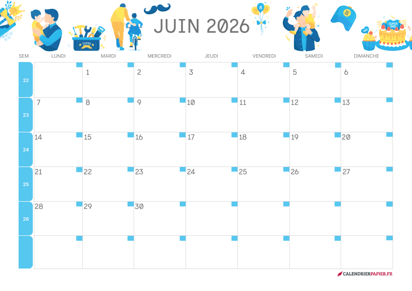 Calendrier juin 2027 thème fête des Pères à imprimer — super papa