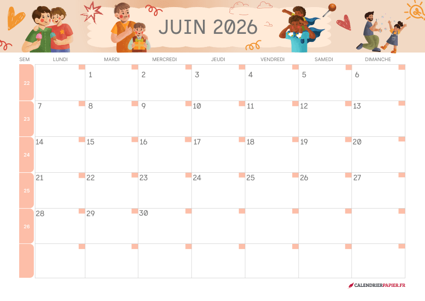 Calendrier juin 2027 thème fête des Pères à imprimer — complicité