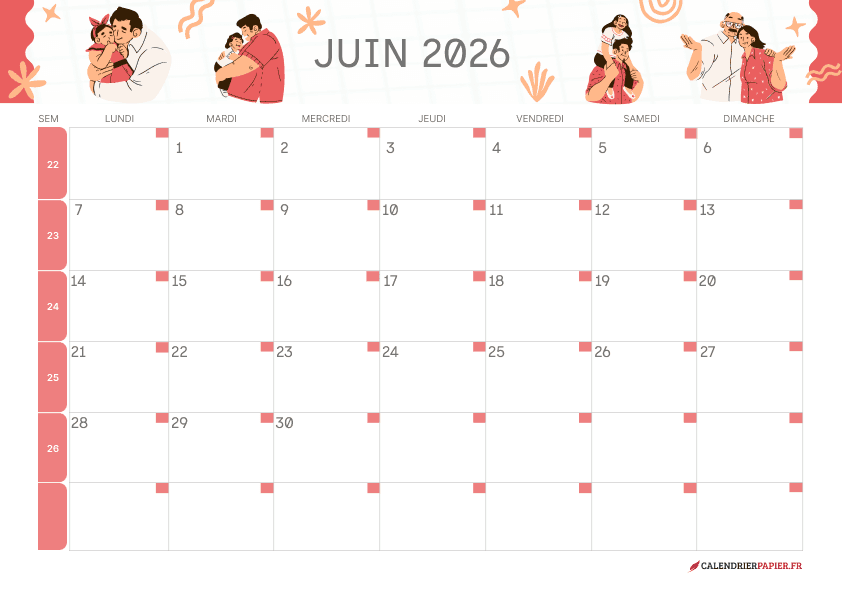 Calendrier juin 2027 thème fête des Pères à imprimer — portraits de famille