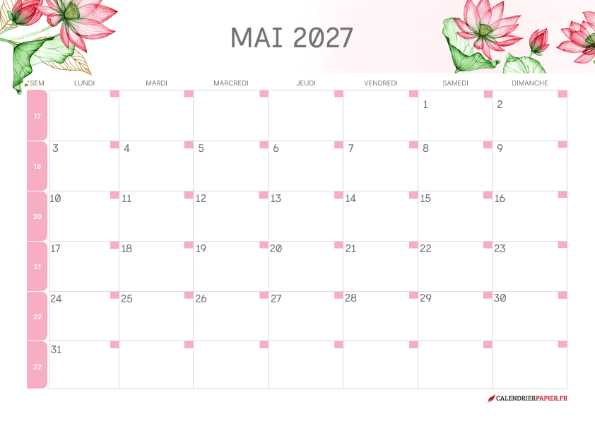 Calendrier mai 2027 thème fleurs à imprimer — lotus roses