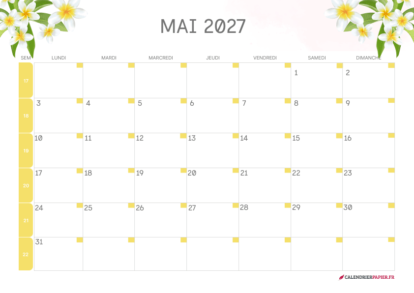 Calendrier mai 2027 thème fleurs à imprimer — frangipaniers