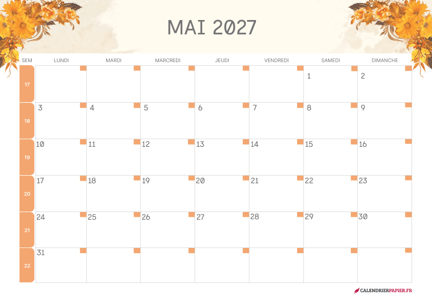 Calendrier mai 2027 thème fleurs à imprimer — tournesols
