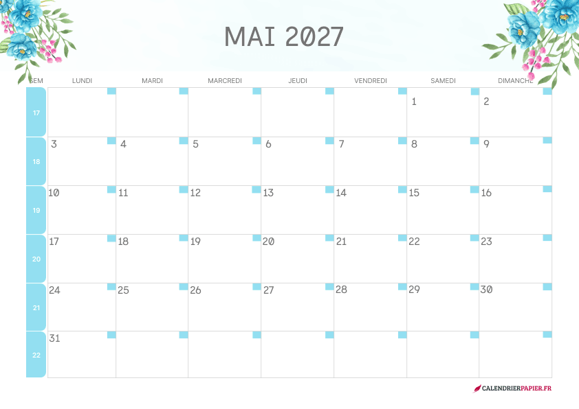 Calendrier mai 2027 thème fleurs à imprimer — fleurs bleues et roses