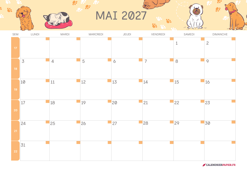 Calendrier mai 2027 thème enfant à imprimer — chiens et empreintes
