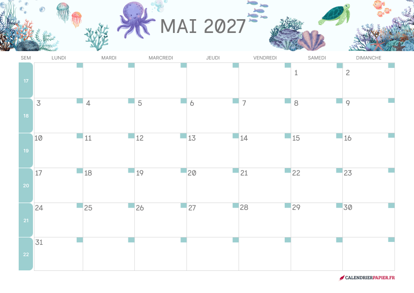 Calendrier mai 2027 thème enfant à imprimer — fonds marins