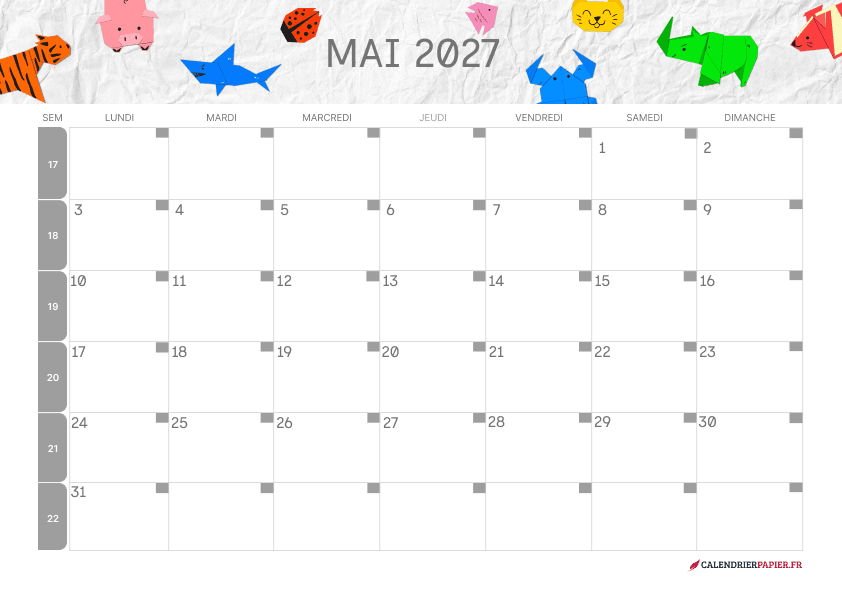 Calendrier mai 2027 thème enfant à imprimer — animaux en origami