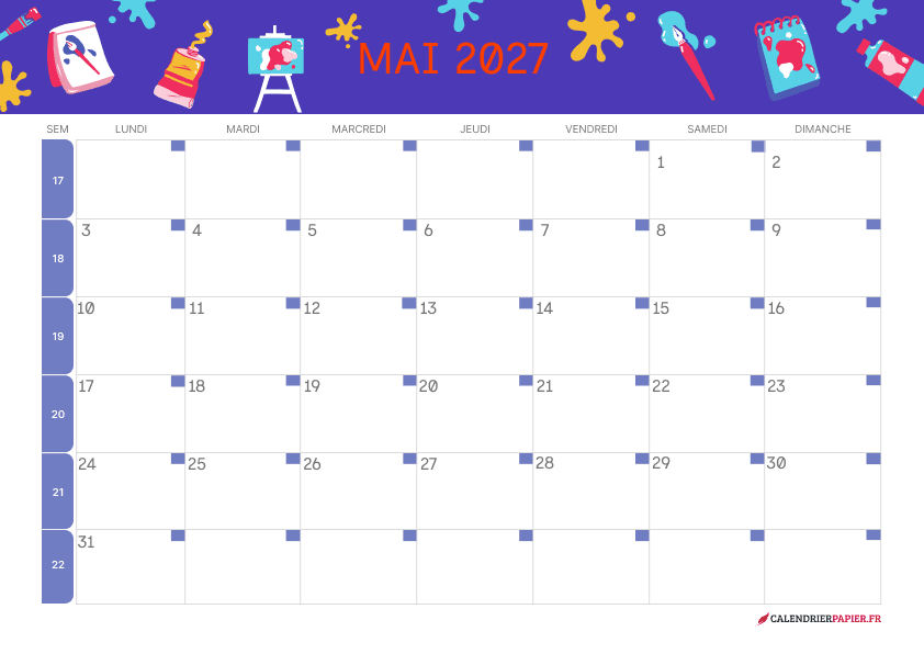 Calendrier mai 2027 thème enfant à imprimer — atelier peinture