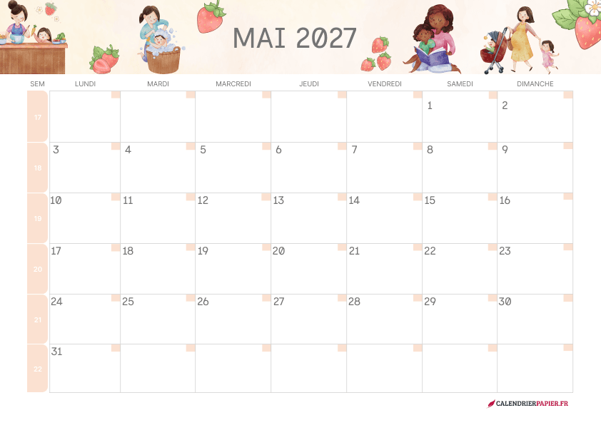 Calendrier mai 2027 thème fête des Mères à imprimer — moments partagés