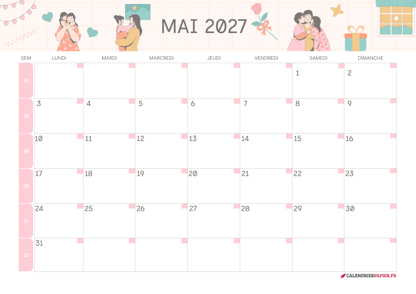 Calendrier mai 2027 thème fête des Mères à imprimer — câlins et cadeaux