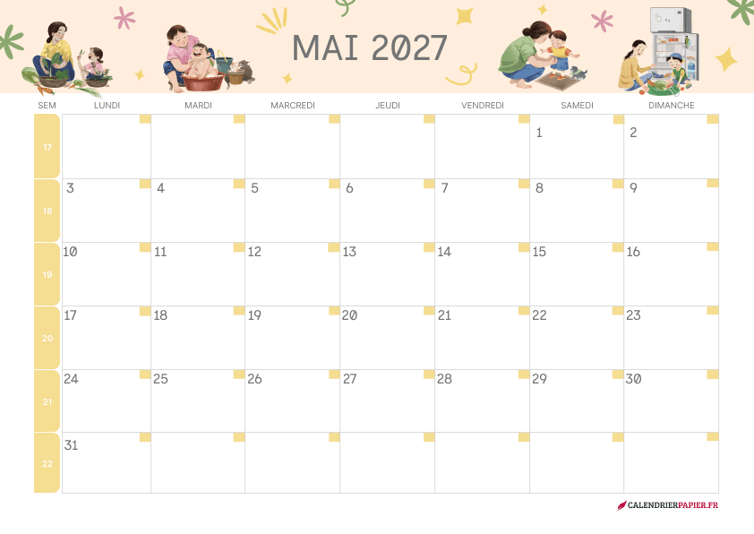 Calendrier mai 2027 thème fête des Mères à imprimer — jardinage et complicité