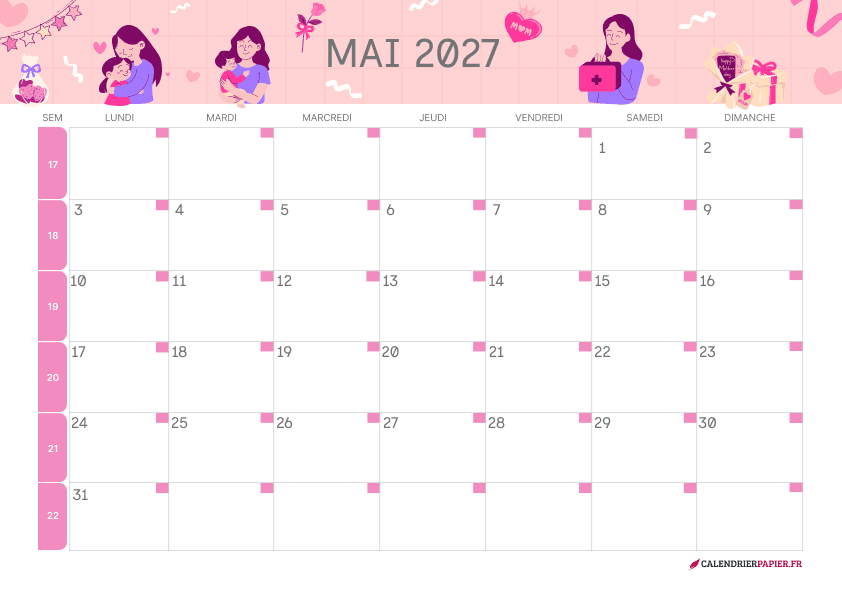 Calendrier mai 2027 thème fête des Mères à imprimer — cœurs et guirlandes