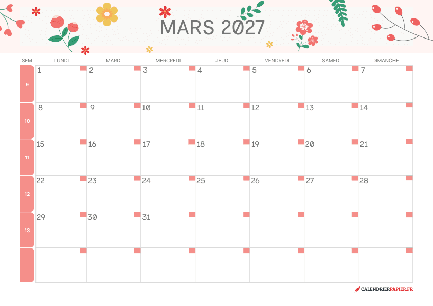 Calendrier mars 2027 thème fleurs à imprimer — fleurs rouges et jaunes