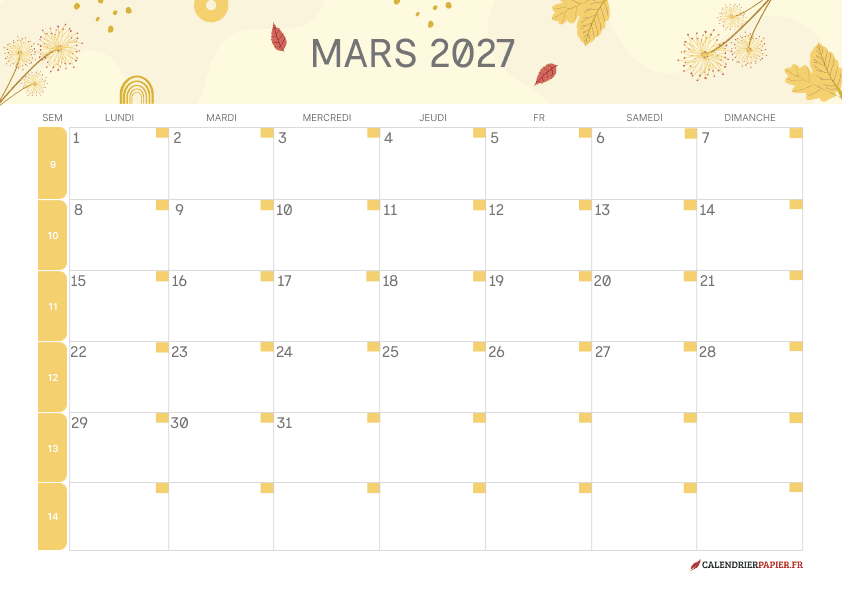 Calendrier mars 2027 thème fleurs à imprimer — pissenlits et feuilles dorées