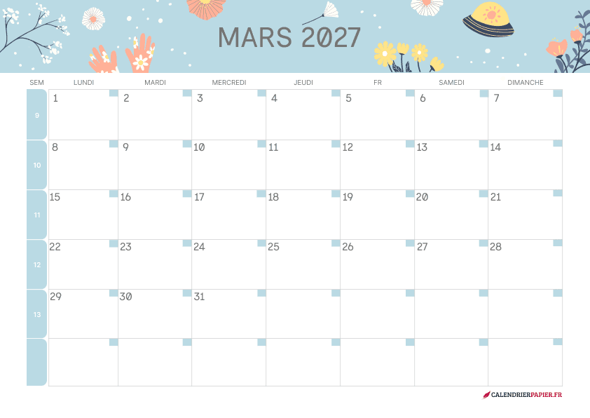 Calendrier mars 2027 thème fleurs à imprimer — fleurs sur fond bleu