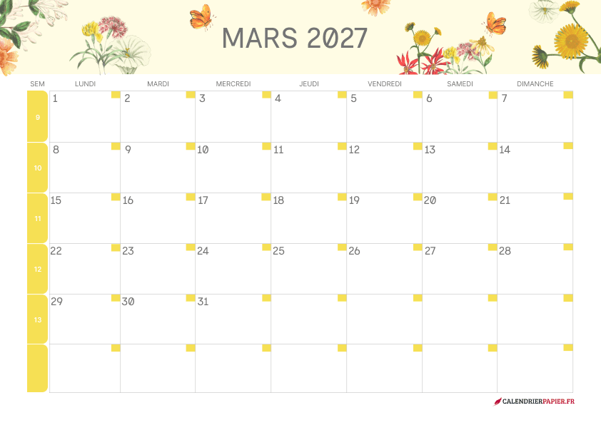 Calendrier mars 2027 thème fleurs à imprimer — fleurs sauvages et papillon