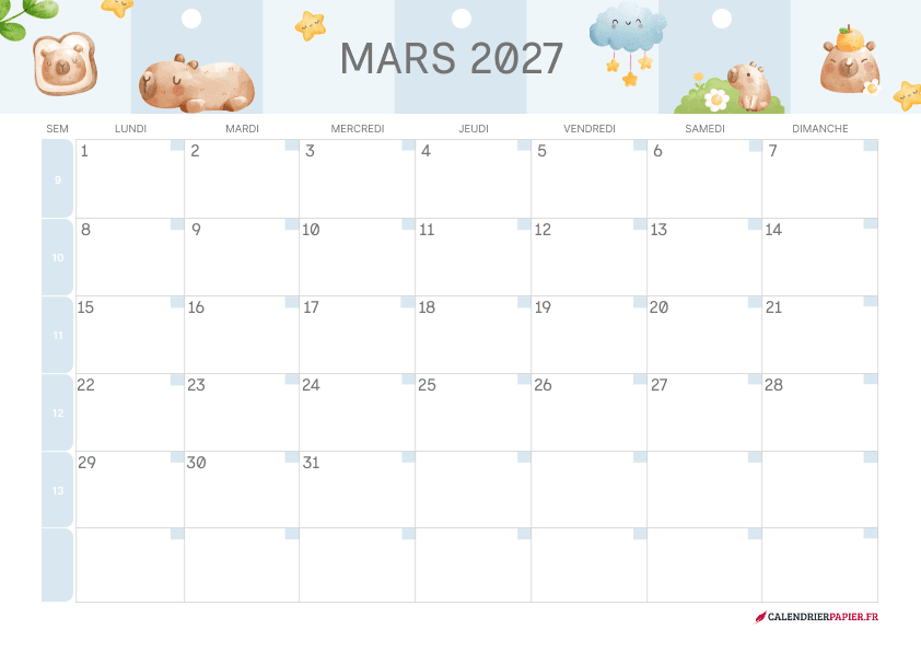 Calendrier mars 2027 thème enfant à imprimer — capybaras et étoiles