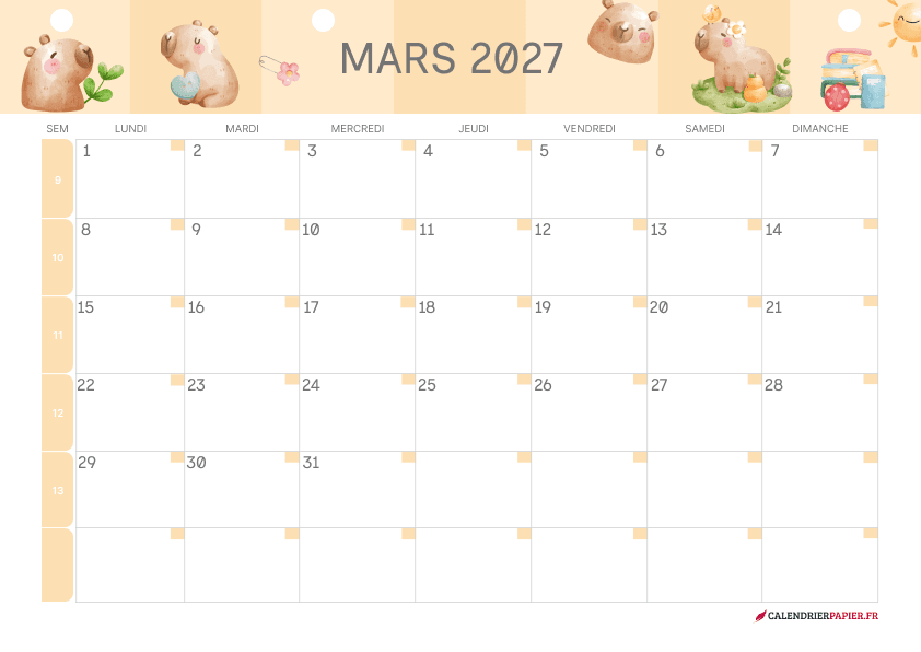 Calendrier mars 2027 thème enfant à imprimer — capybaras et soleil