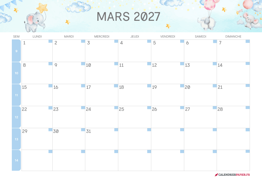 Calendrier mars 2027 thème enfant à imprimer — éléphanteaux et ballons