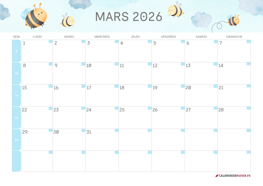 Calendrier mars 2027 thème enfant à imprimer — abeilles et nuages