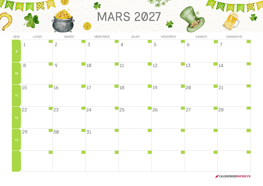Calendrier mars 2027 thème Saint-Patrick à imprimer — chaudron d’or et fer à cheval