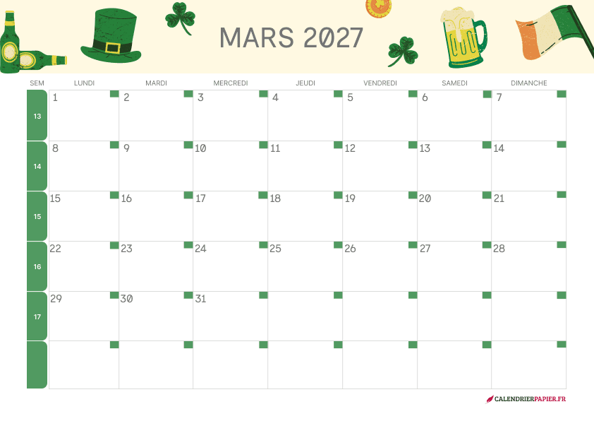 Calendrier mars 2027 thème Saint-Patrick à imprimer — chapeau de lutin et drapeau irlandais