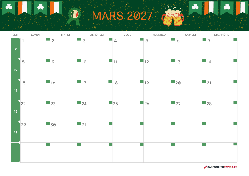 Calendrier mars 2027 thème Saint-Patrick à imprimer — fond vert et fanions irlandais