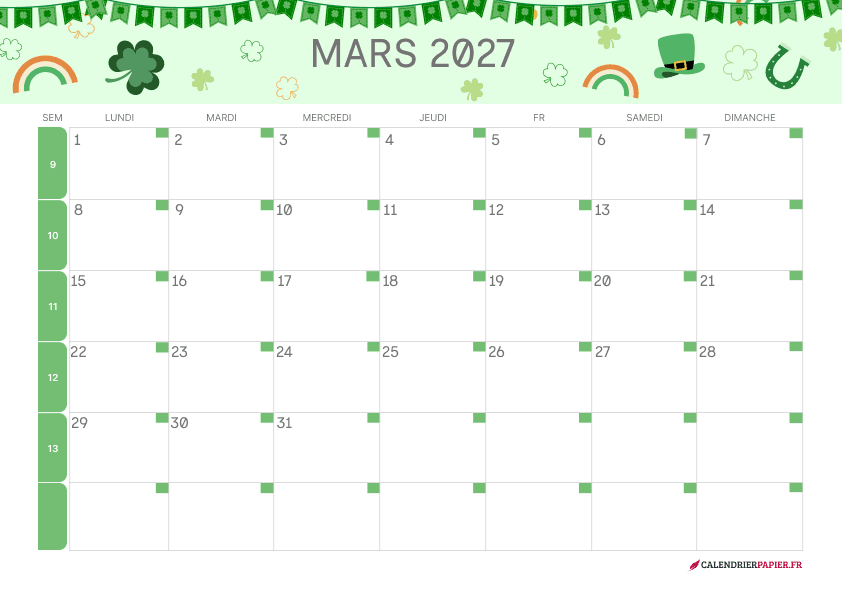 Calendrier mars 2027 thème Saint-Patrick à imprimer — trèfles et arcs-en-ciel