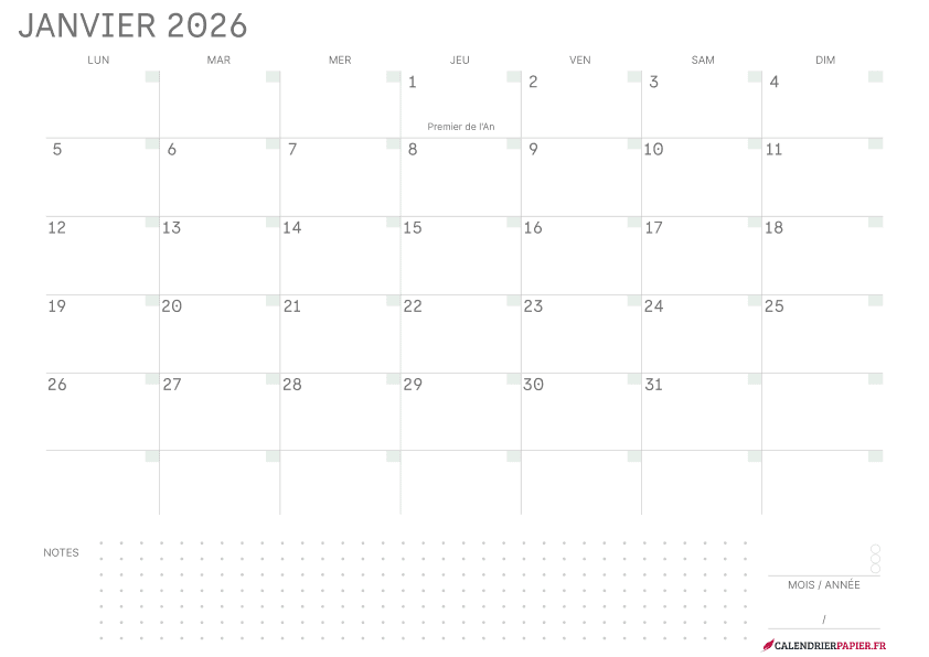Aperçu calendrier annuel 2026 avec jours fériés France
