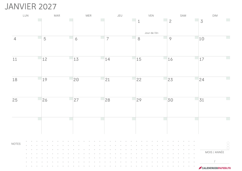 Aperçu calendrier annuel 2027 avec jours fériés France