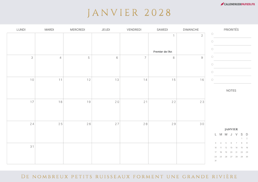 Aperçu calendrier annuel 2028 avec numéro de semaine France