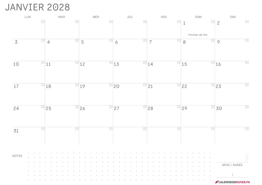 Aperçu calendrier annuel 2028 avec jours fériés France