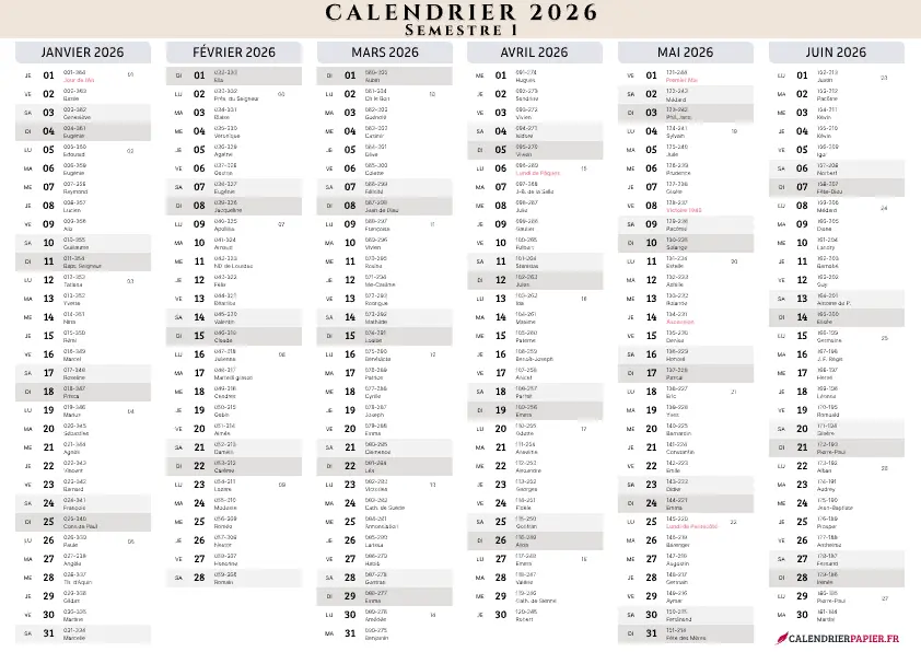 Aperçu calendrier annuel 2026 avec phases de lune France