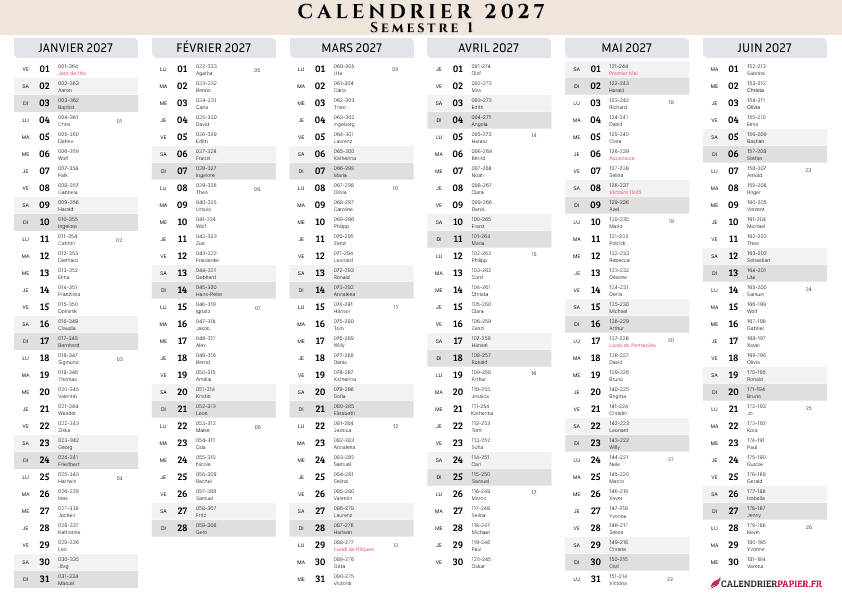 Aperçu calendrier annuel 2027 avec phases de lune France