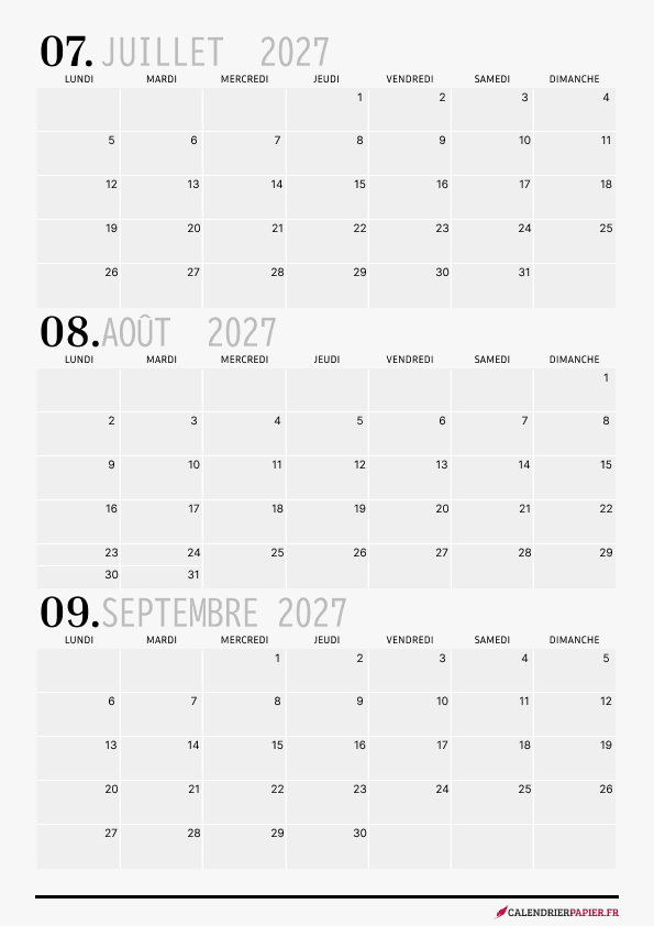 Calendrier annuel 2027 avec phases de lune