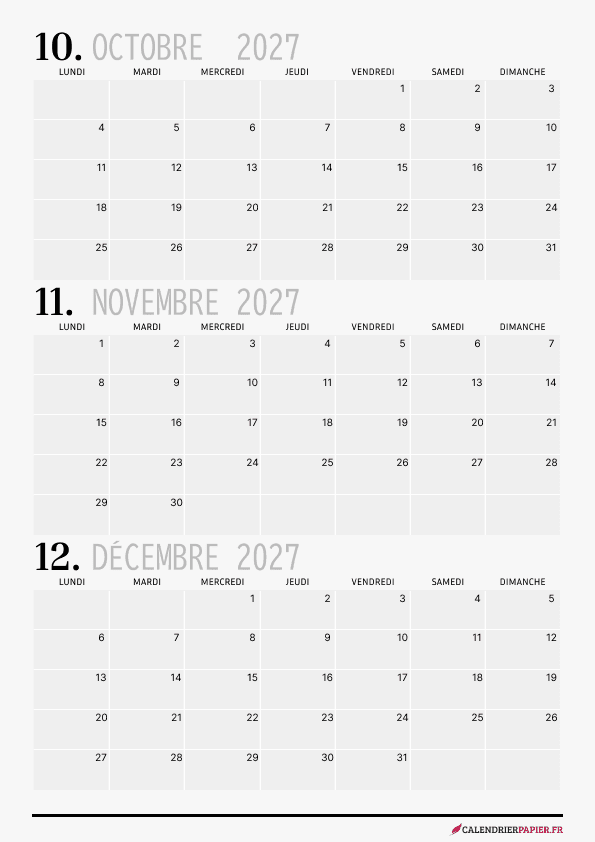 Calendrier annuel 2027 avec phases de lune