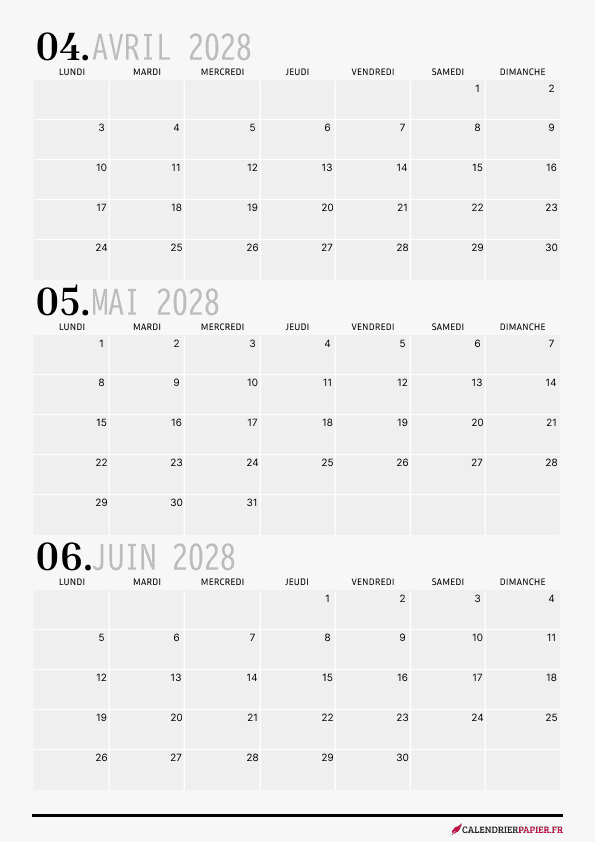 Calendrier annuel 2028 avec jours fériés France