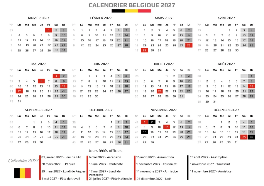 Calendrier Belgique 2027 des administrations fédérales, format A4 paysage