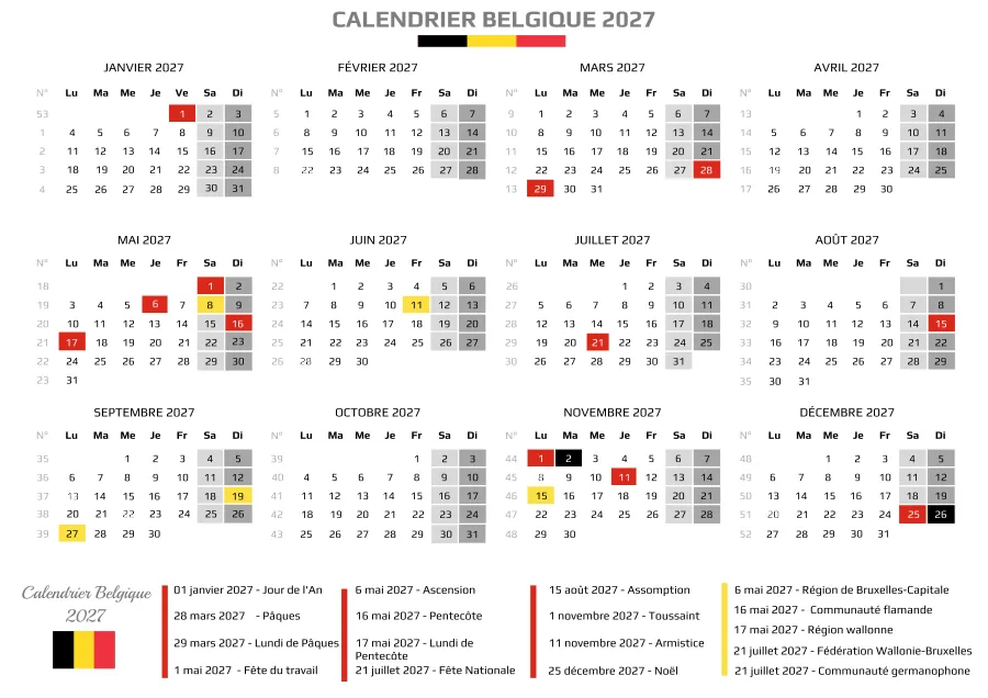 Calendrier Belgique 2027 avec jours fériés régionaux, format A4 paysage