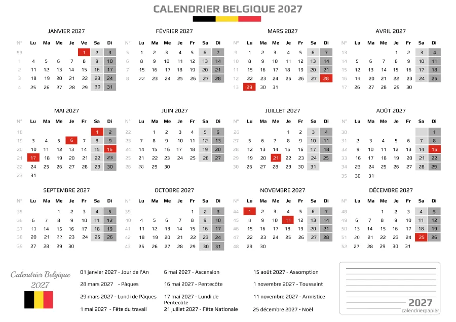 Calendrier Belgique 2027 avec jours fériés, format A4 paysage