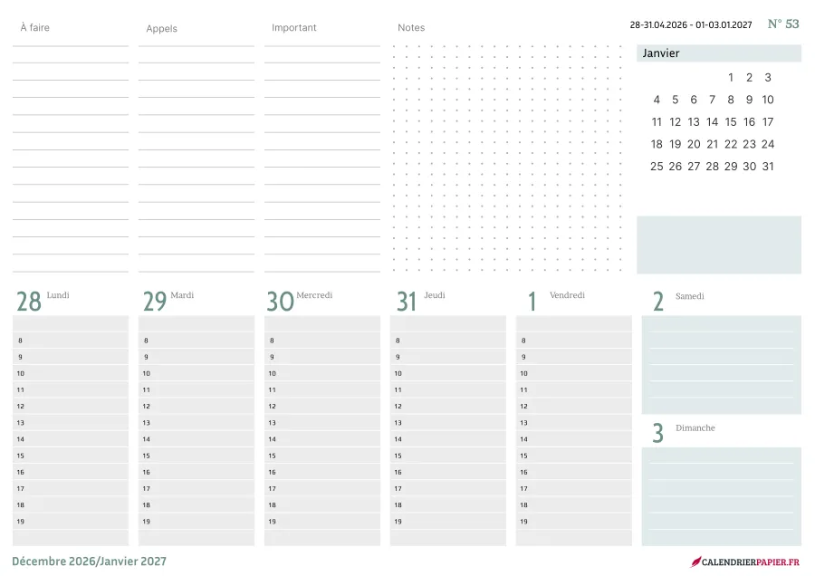 Calendrier de bureau 2027 à imprimer, coloris bleu, fiche n° 1